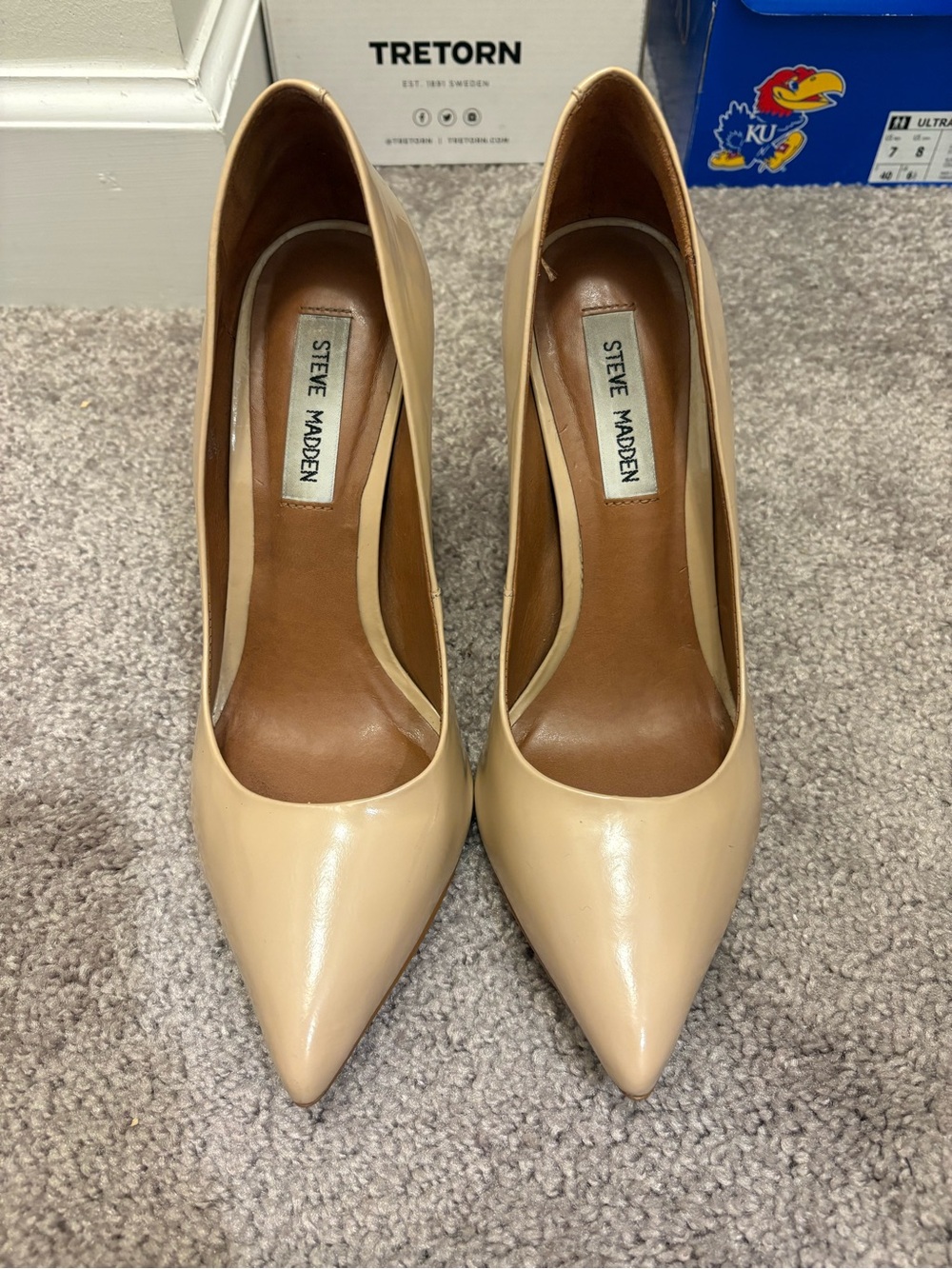 Steve Madden Beige Pointed-Toe Patent Pumps